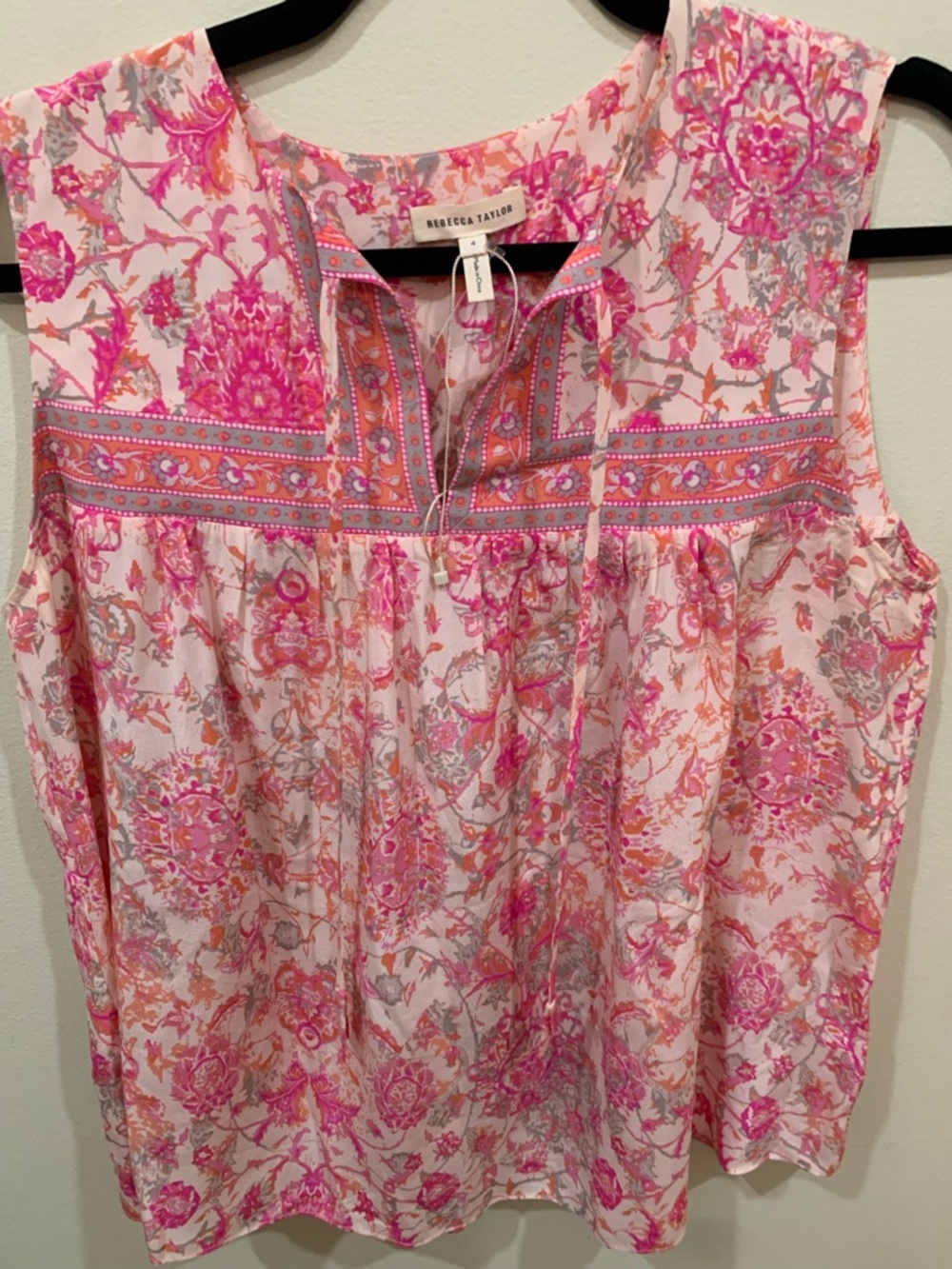 Rebecca Taylor Pink and Gray Floral Tie-Neck Sleeveless Top